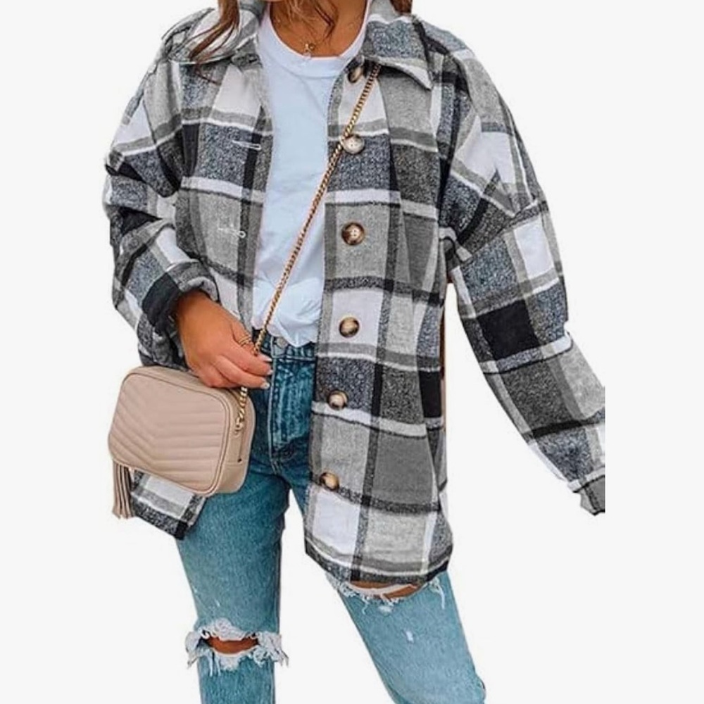 Flannel Patchwork Color Block Plaid Shacket Long Sleeve